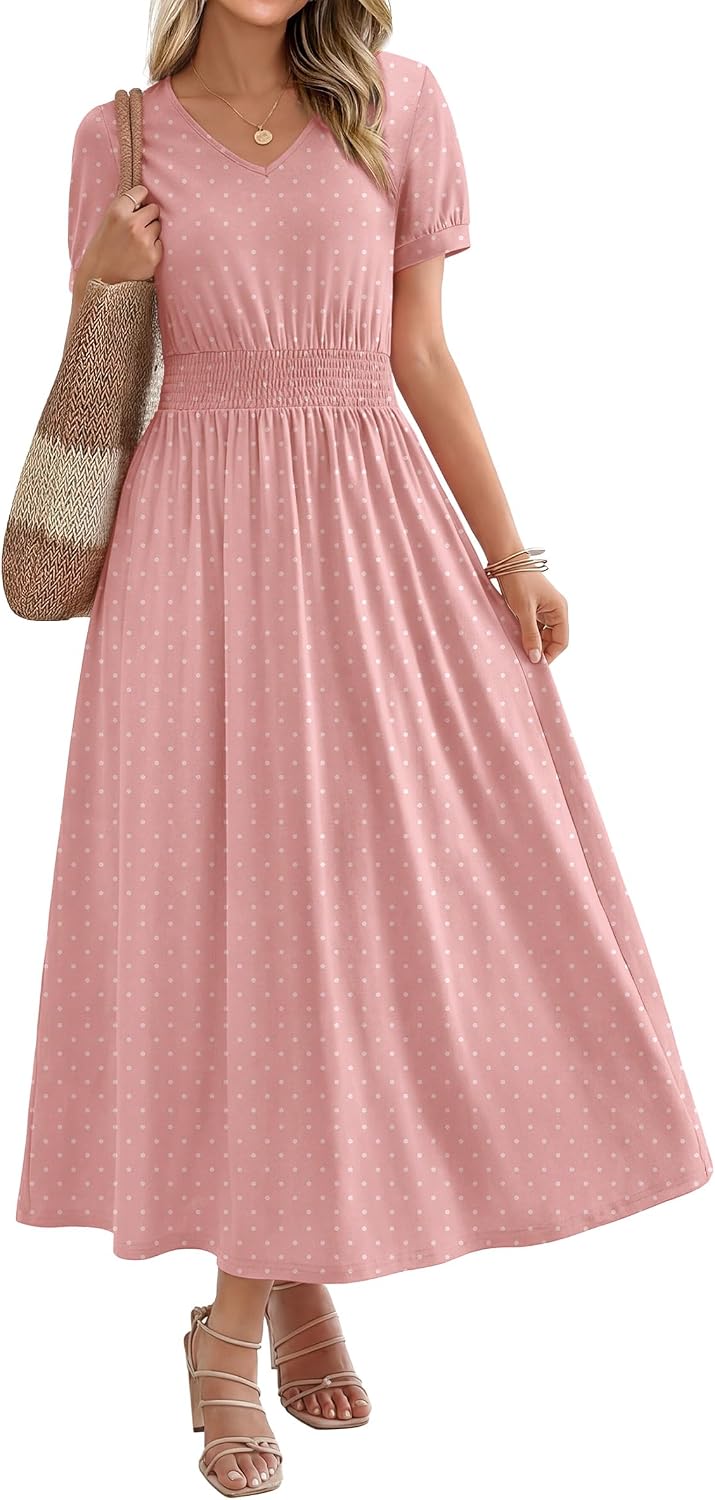OFEEFAN Maxi Dresses for Women V Neck Ladies Midi Long Dress A Line Smocked Waisted Casual Summer Spring Clothes Boho Beach