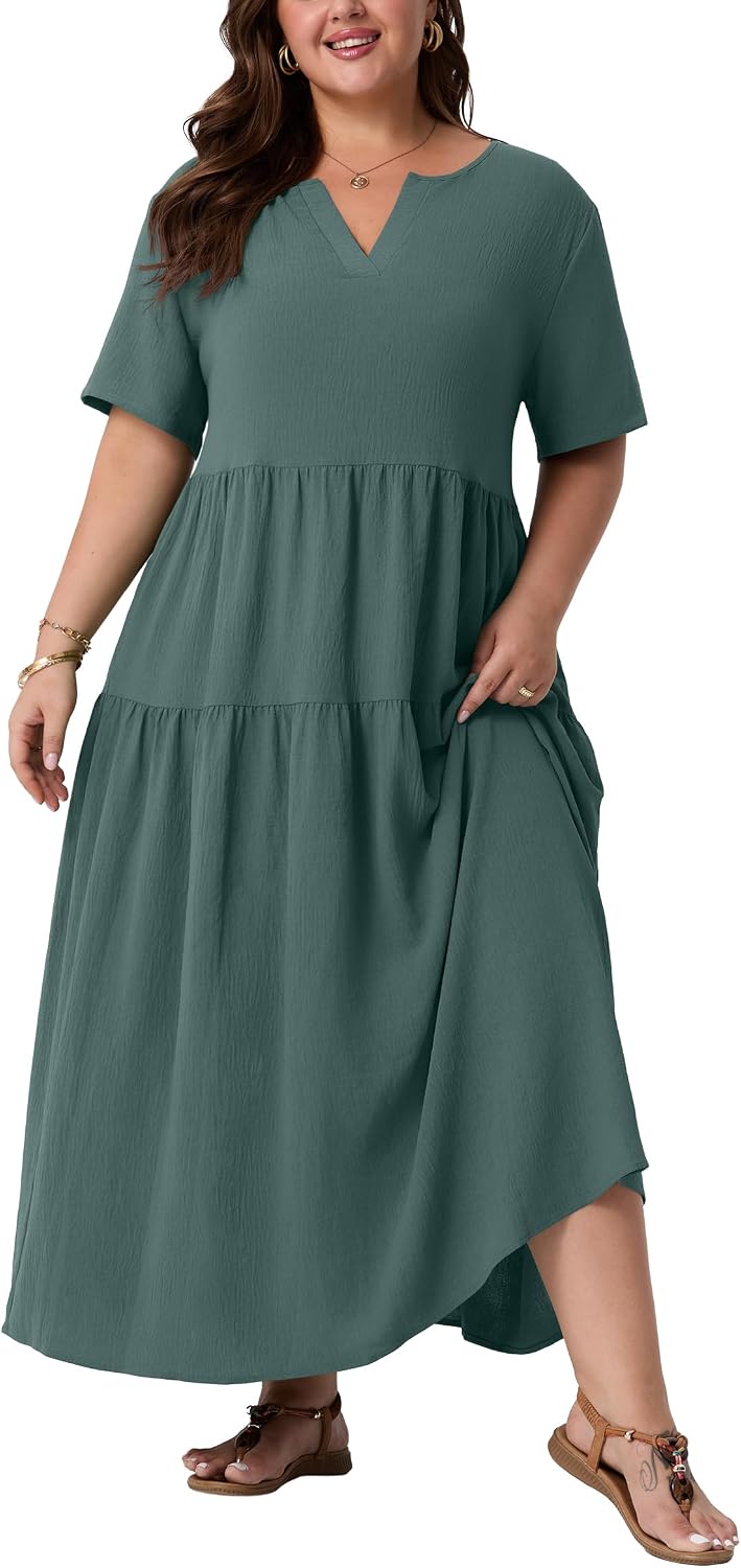 OLRIK Plus Size Maxi Dresses for Curvy Women - Flowy Boho Summer Dress with Pockets, V-Neck Short Sleeve for Beach Vacation