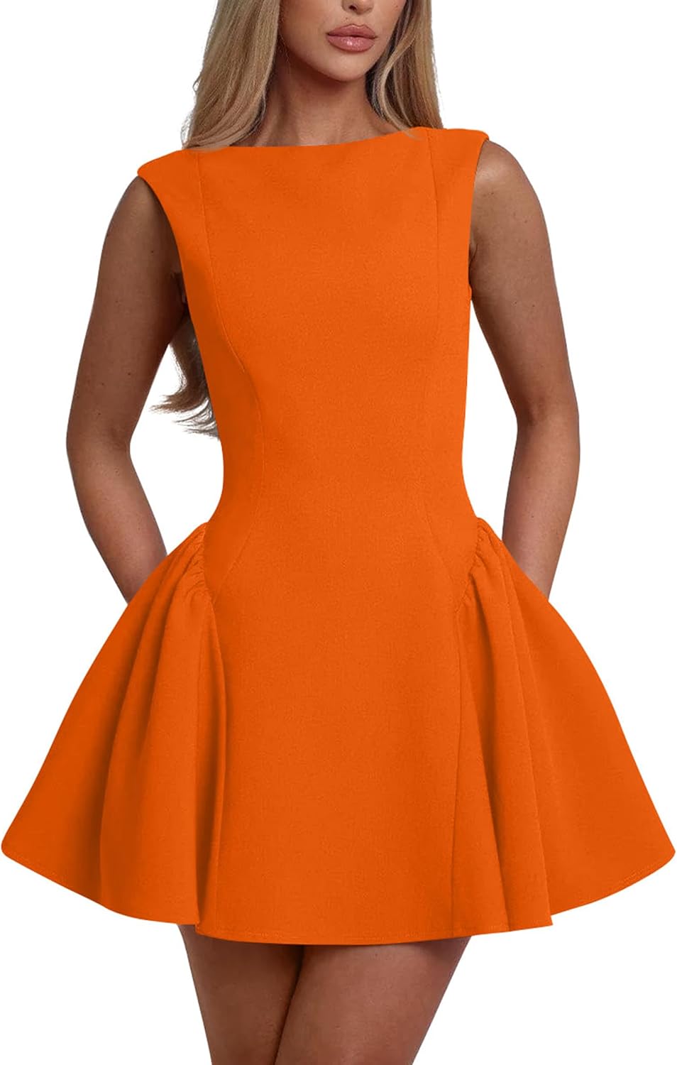YMDUCH Women's Summer Sleeveless Backless A-line Mini Prom Dress | Crew Neck,Backless,Birthday,Party,Homecoming,Gradution,Back to School,Club,Date,Cute,Prom,Stretch,Solid,Comfy,Fashion,Trendy