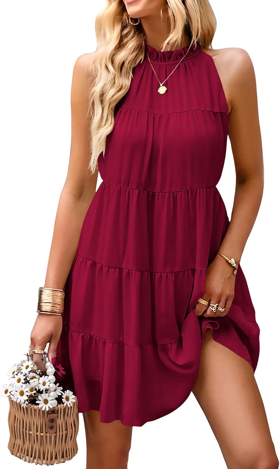 KIRUNDO Summer Sundresses for Women Halter Dress Babydoll | Spring Sleeveless Halter Top, Flowy Tiered Pleated, Western Cute Country Concert, Beach Wedding Guest Vacation Cruise Dress