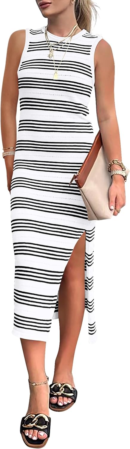 PRETTYGARDEN Women's Summer Sleeveless Striped Midi Dresses | Soft Stretchy Hollow Out Knit, Slim Fit Side Slit, Crewneck Tank Sundress Casual, Beach Vacation Outfits, Date Party Dress