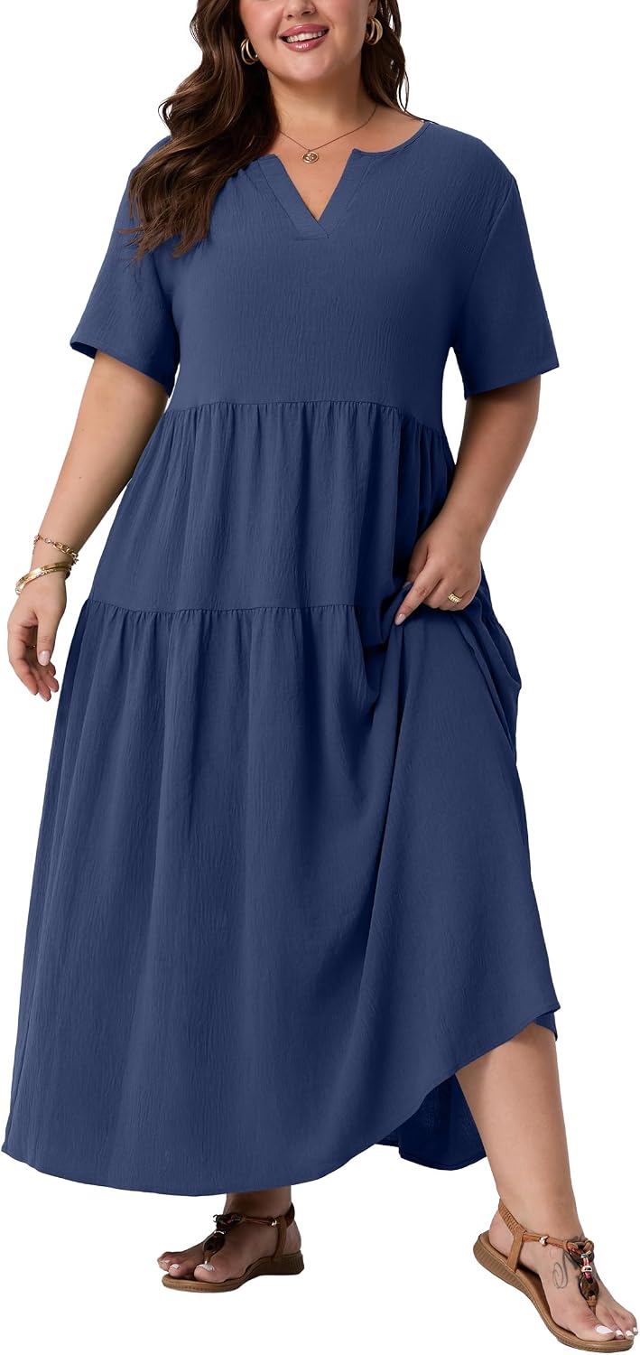 OLRIK Plus Size Maxi Dresses for Curvy Women - Flowy Boho Summer Dress with Pockets, V-Neck Short Sleeve for Beach Vacation