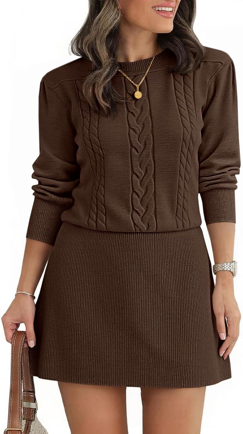 Saodimallsu Womens Puff Long Sleeve Sweater Dress Cable Knit Fall Dresses | Cable Knit, A Line, Crew Neck, Fall Casual, Flare Mini dress