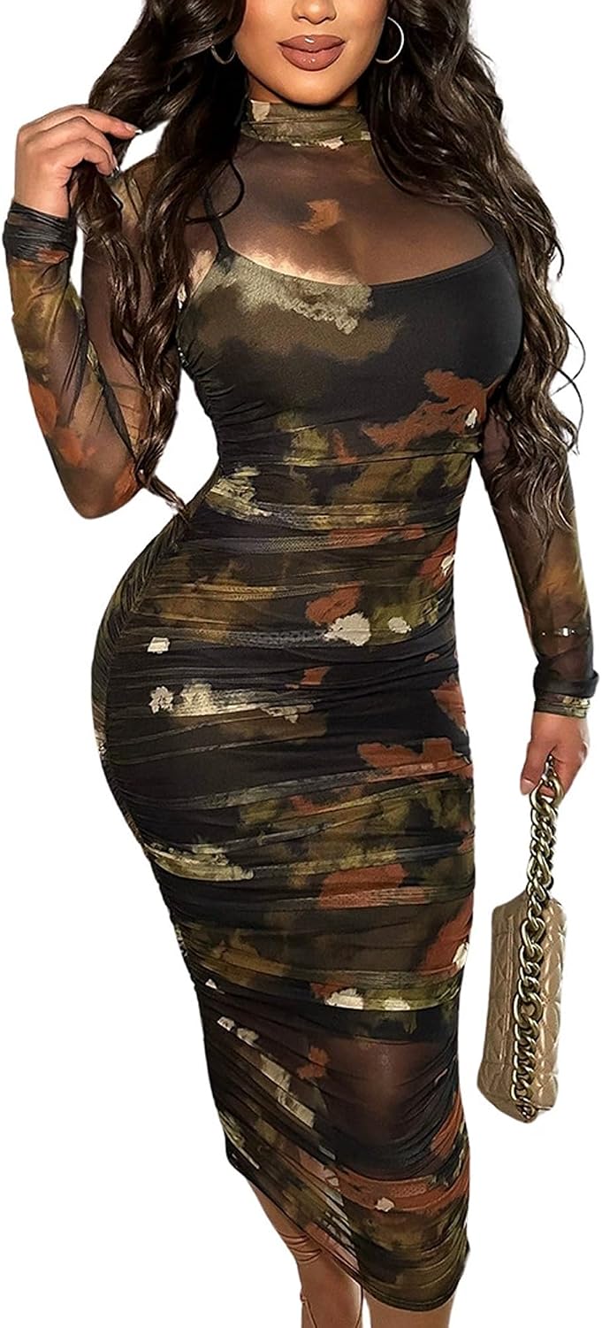 MOEENCN Women's Sexy Long Sleeve Sheer Mesh Midi Bodycon Dress 2 Piece Set | Sheer Printed Mesh Overlay, Adjustable Spaghetti\u2011Strap Slip Liner, Crew Neck, Date Night Birthday Going Out Clubwear