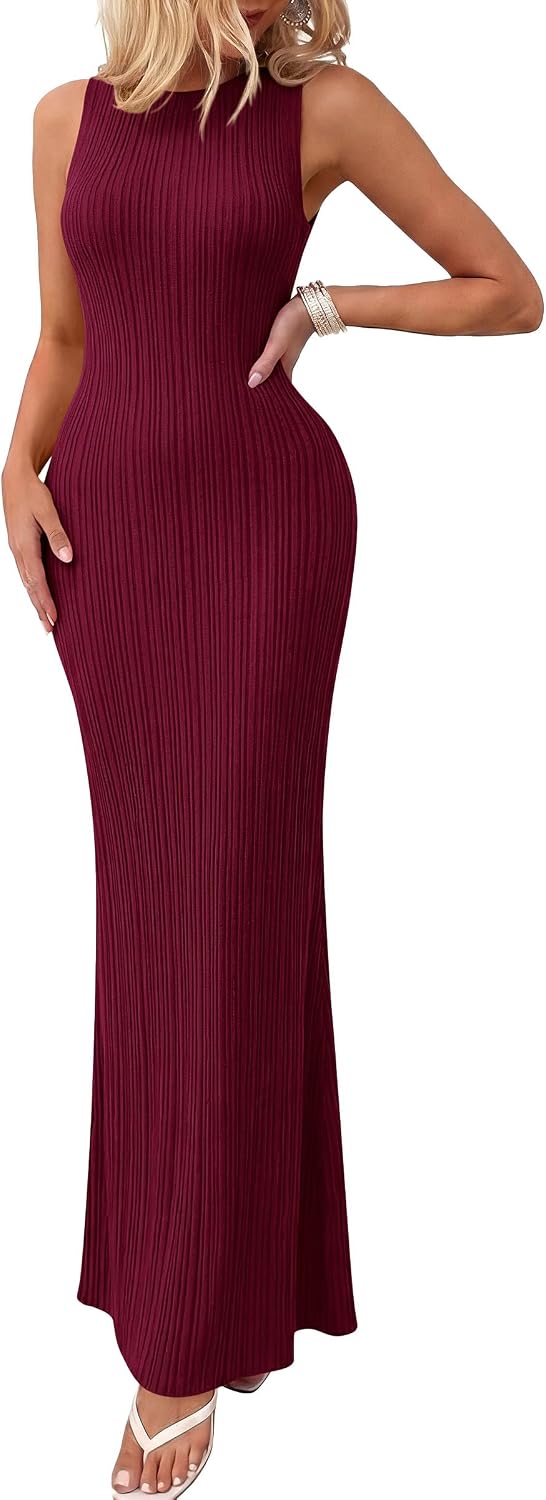 PRETTYGARDEN Women's Knit Bodycon Maxi Going Out Dresses | Ribbed Textured, Sleeveless Tank Dress, Fitted Long Sundresses, Casual Elegant, Summer Date Night Outfits, Fashion Clothing
