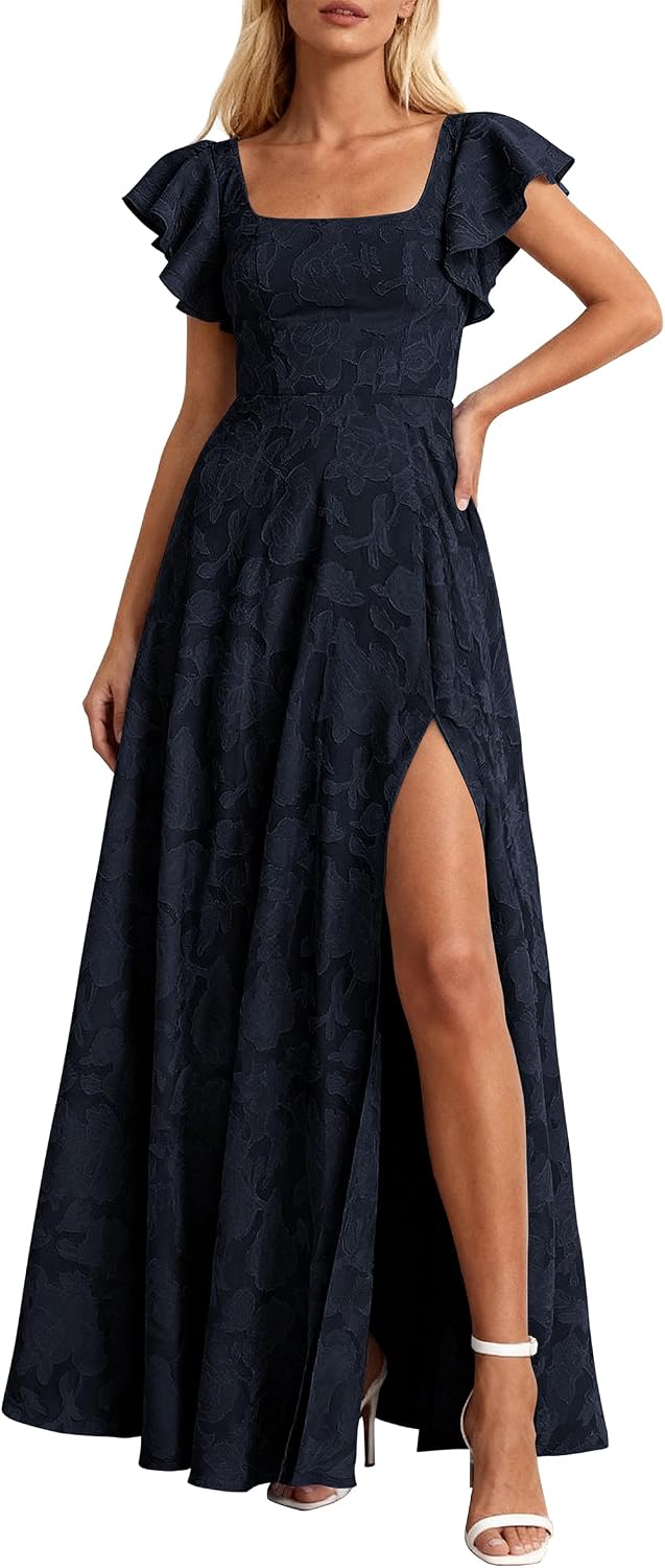 KIRUNDO Bridesmaid Wedding Guest Formal Dresses for Women | Elegant Summer Maxi Dress, Lace Floral Prom Party Cocktail Dress, Smocked Bust, Tie Back, Split A Line Swing, With Pockets