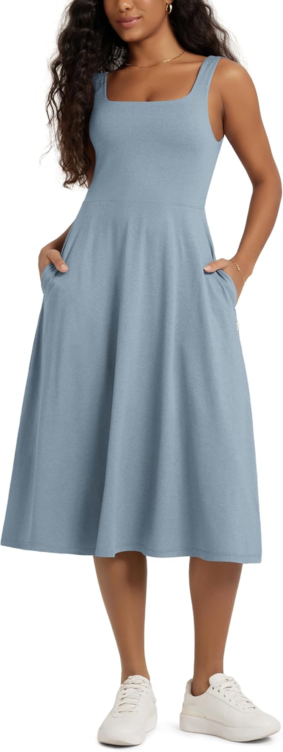 ODODOS Square Neck Midi Dress with Pockets for Women Summer Casual Sleeveless Sundress Flare Tank Dress