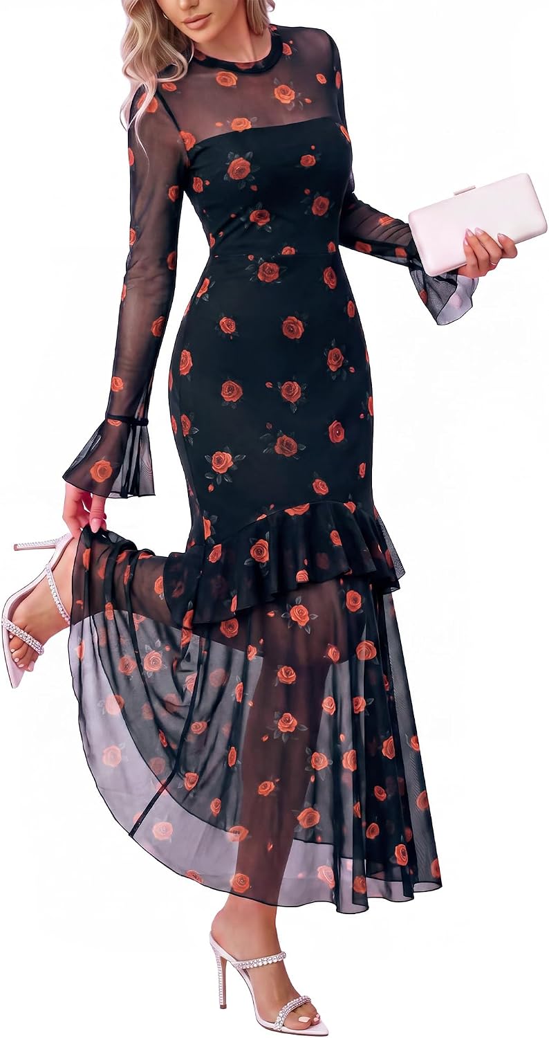 BTFBM Elegant Wedding Guest Dress Long Sleeve Maxi Dresses for Women | Bell Sleeves,Crew Neck,Floral,Mesh,Tiered Ruffle,Fashion Clothing,Homecoming Dresses,Cocktail Dress,Maxi,Fall Outfits 2026