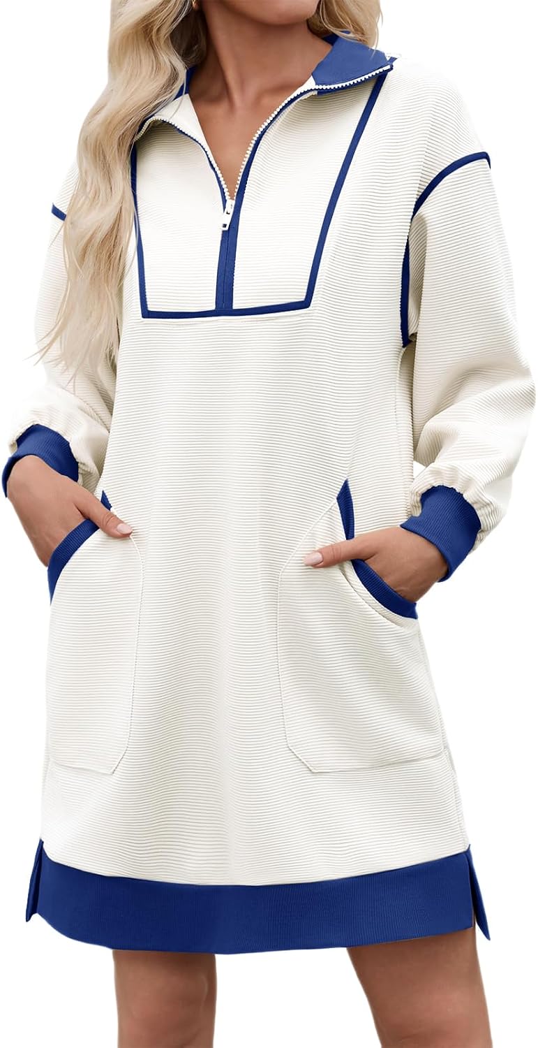 Wenrine Womens Half Zip Sweatshirt Dress Fall V Neck Contrast Mini Dresses | Oversized, Zip Up, Collared, Long Sleeve, Loose Fit, Slit Hem, Two Side Pockets, Sporty, Pullover