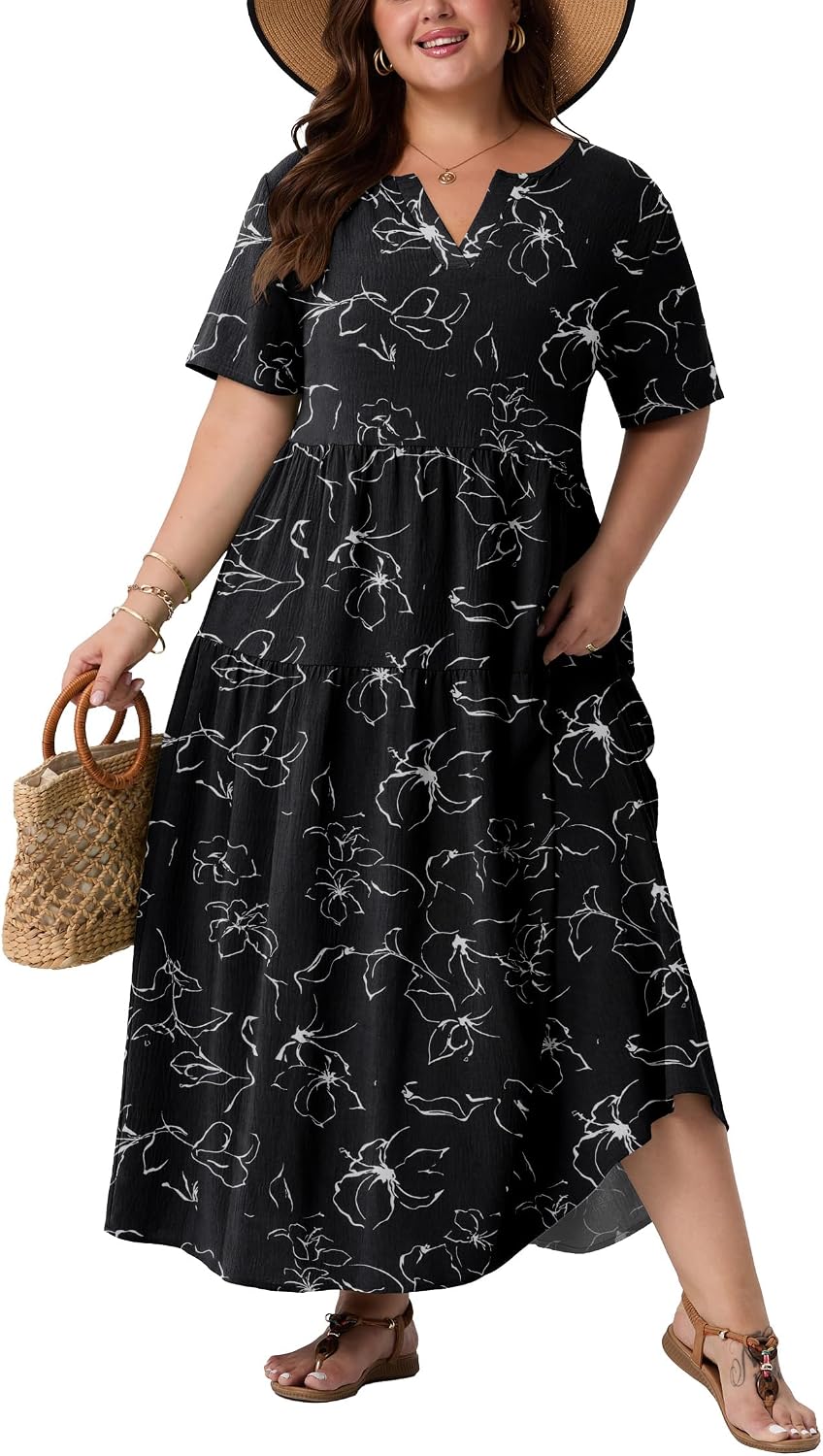 OLRIK Plus Size Maxi Dresses for Curvy Women - Flowy Boho Summer Dress with Pockets, V-Neck Short Sleeve for Beach Vacation