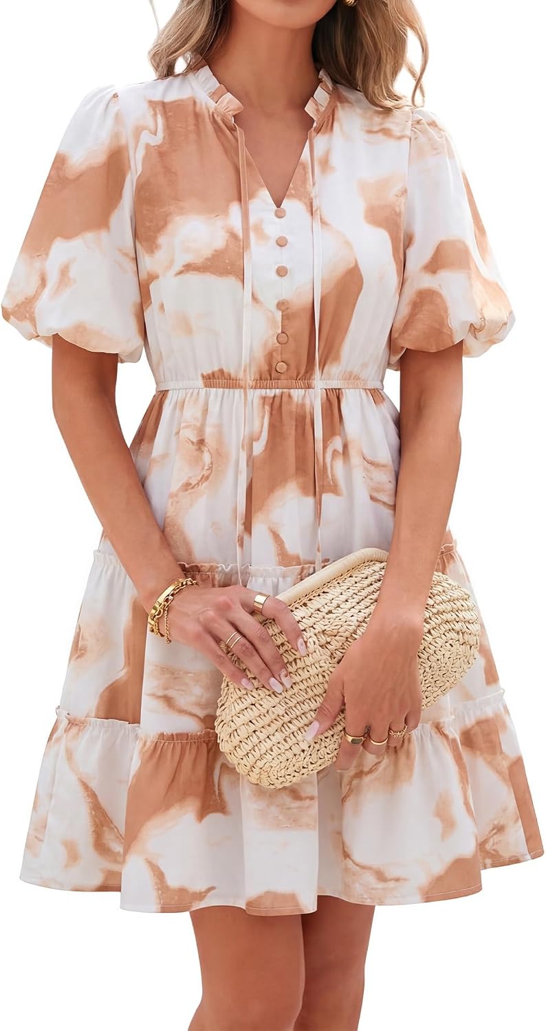 BTFBM Women Summer Floral Short Dresses V Neck Short Sleeve Tiered Ruffle Boho Swing Dress A-Line Mini Dresses