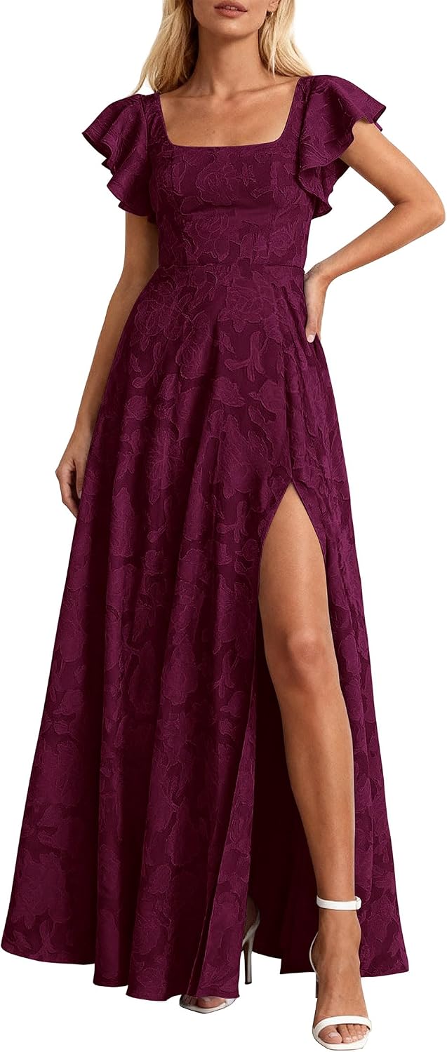 KIRUNDO Bridesmaid Wedding Guest Formal Dresses for Women | Elegant Summer Maxi Dress, Lace Floral Prom Party Cocktail Dress, Smocked Bust, Tie Back, Split A Line Swing, With Pockets