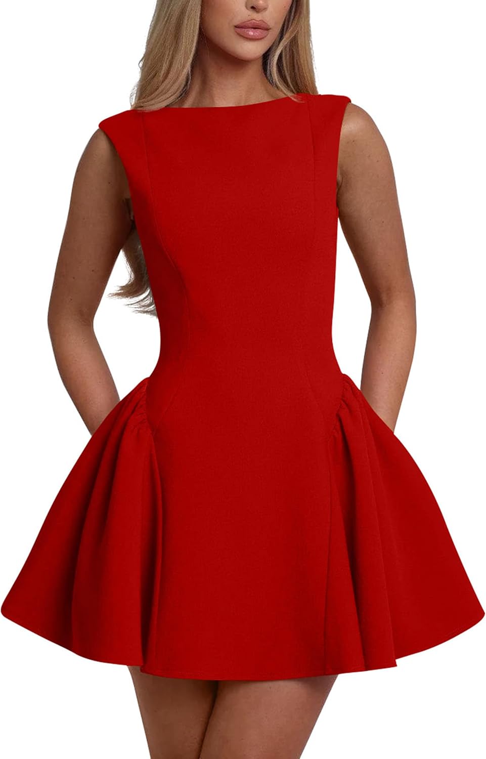 YMDUCH Women's Summer Sleeveless Backless A-line Mini Prom Dress | Crew Neck,Backless,Birthday,Party,Homecoming,Gradution,Back to School,Club,Date,Cute,Prom,Stretch,Solid,Comfy,Fashion,Trendy