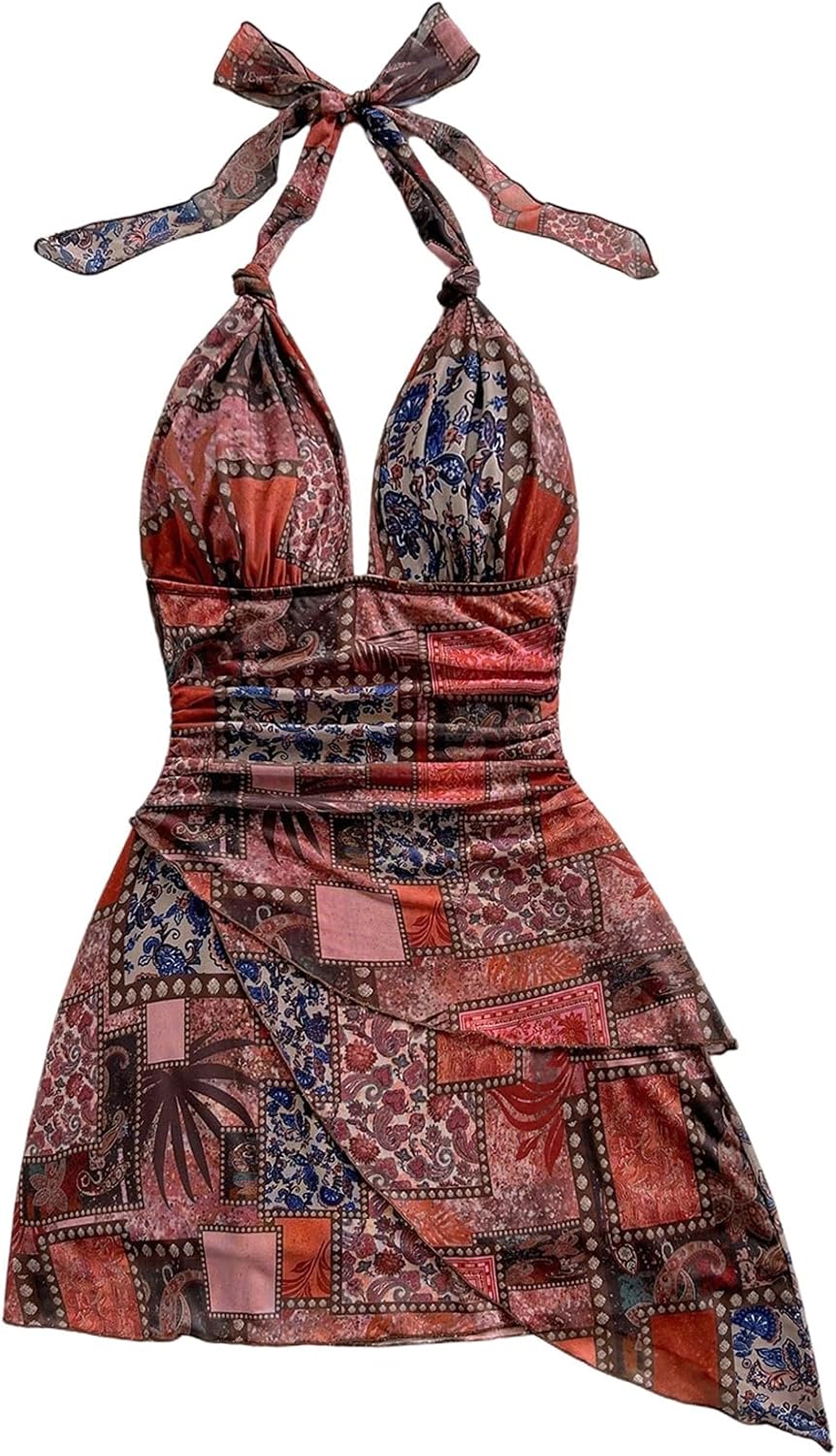 SOLY HUX Women's Y2K Summer Beach Halter Mini Dress | Retro Floral Dress, V Neck, Backless, Club Nightout, Sexy Going Out Clothes, Birthday Dress