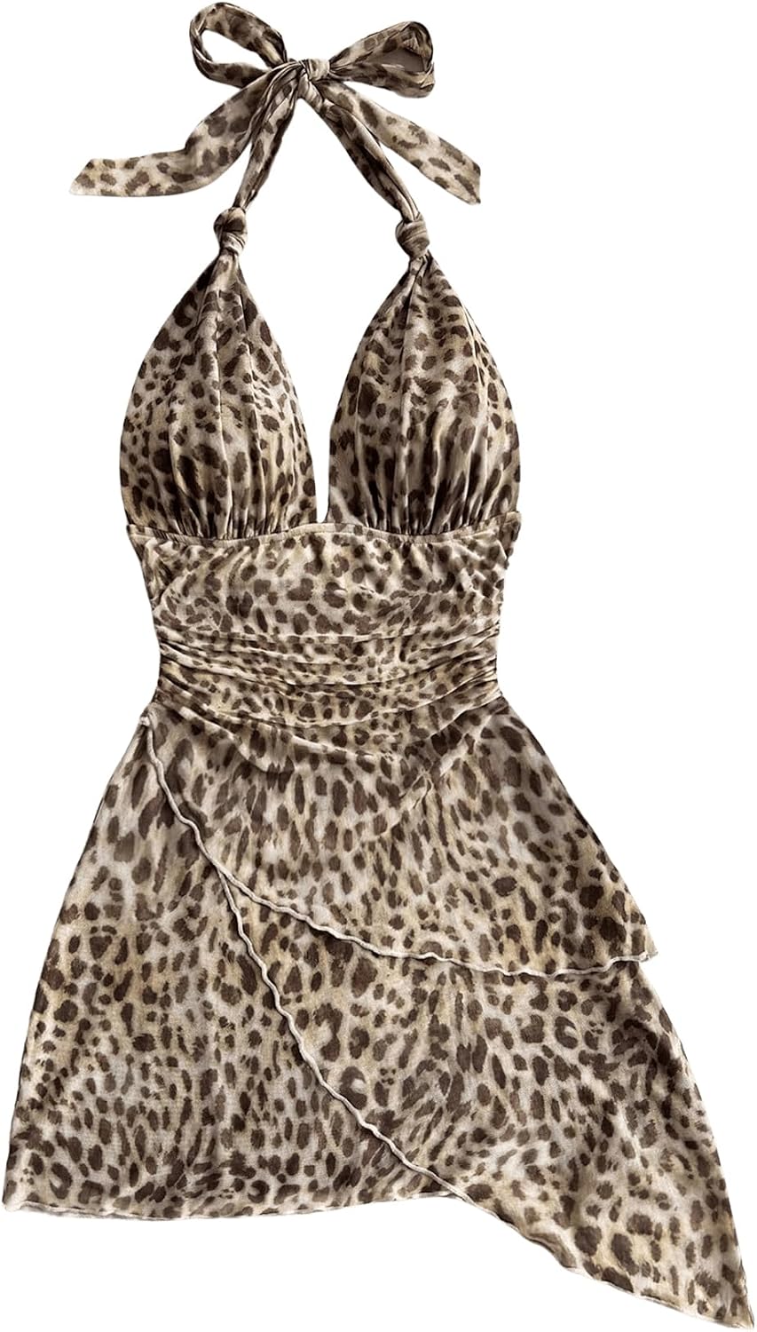 SOLY HUX Women's Y2K Summer Beach Halter Mini Dress | Retro Floral Dress, V Neck, Backless, Club Nightout, Sexy Going Out Clothes, Birthday Dress