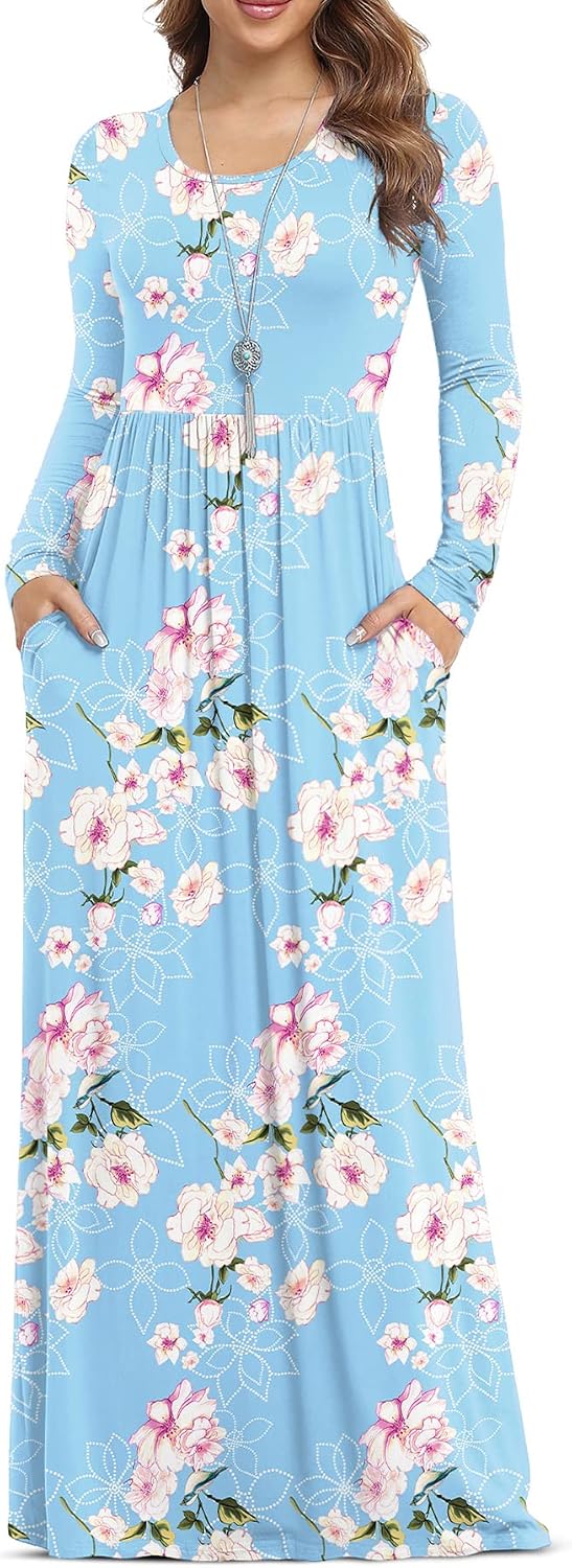 VIISHOW Women's Long Sleeve Casual Empire Waist Maxi Dress with Pockets | Soft stretch,Loose\u2011flowing dress,Full\u2011length cut,For church & daily occasions,Layer for cool Fall\u2011Winter,Casual to Formal