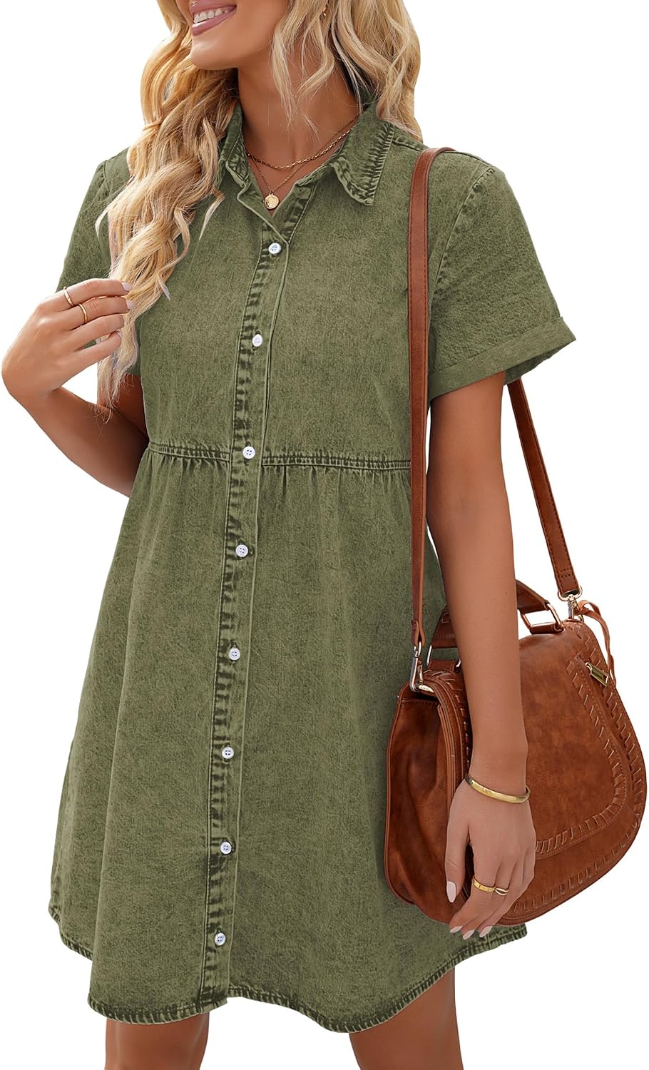 LookbookStore Denim Dress for Women Short Sleeve Flowy Babydoll Jean Dress | Trendy Womens Summer Dresses, Tiered Baby Doll Short Dress, Above Knee Length, Button Down, Daily Wear, Country Concert Dress