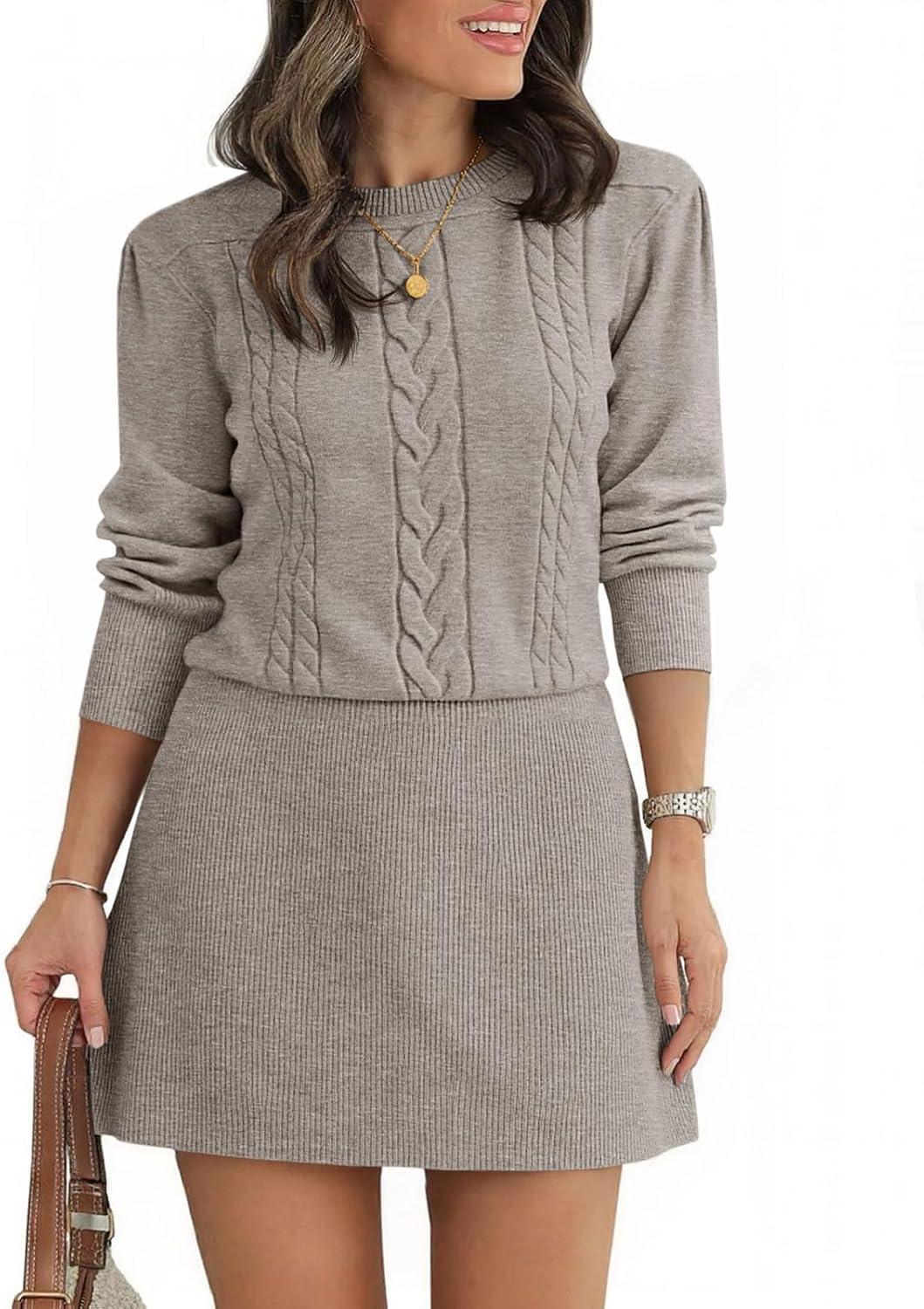 Saodimallsu Womens Puff Long Sleeve Sweater Dress Cable Knit Fall Dresses | Cable Knit, A Line, Crew Neck, Fall Casual, Flare Mini dress