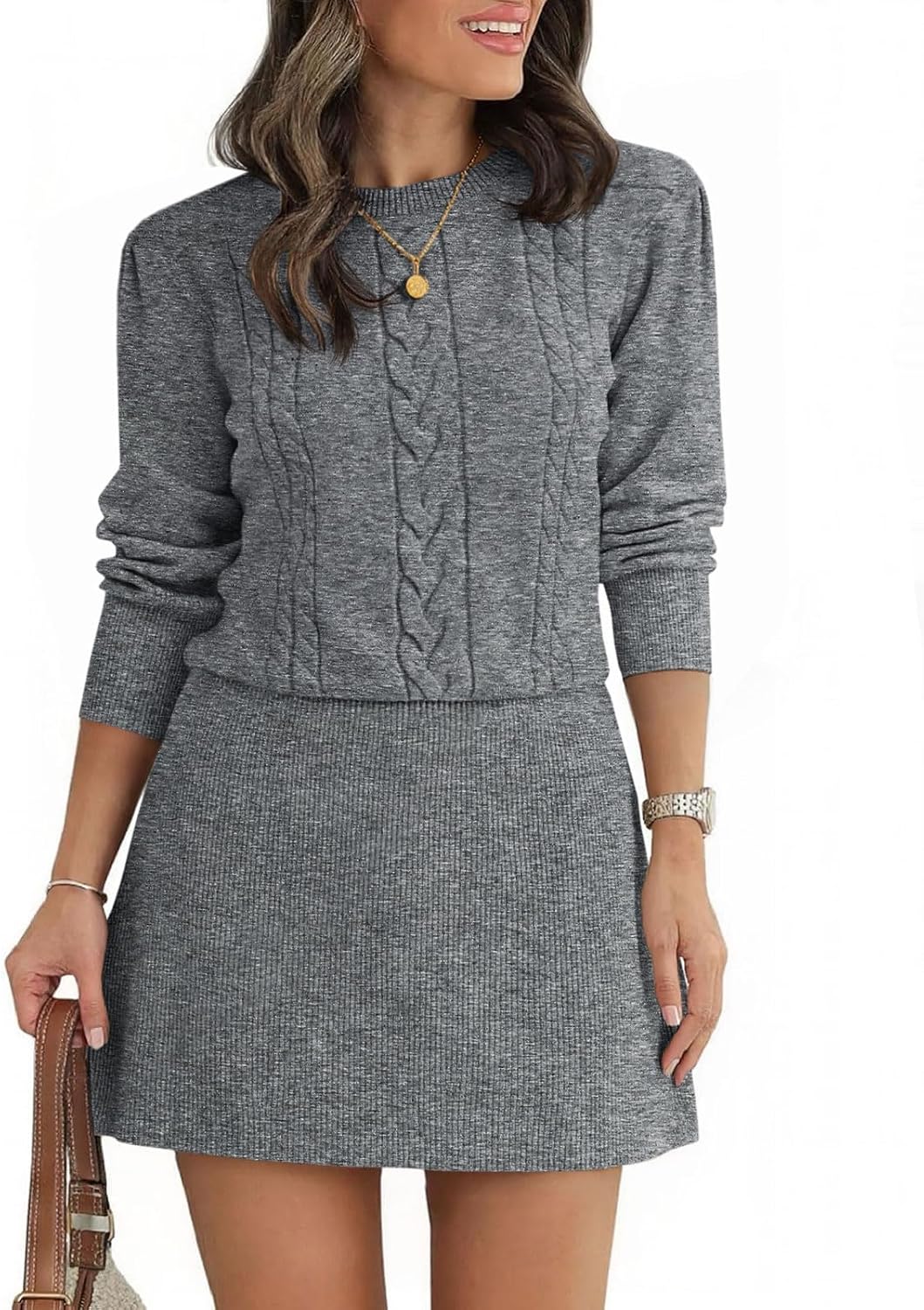 Saodimallsu Womens Puff Long Sleeve Sweater Dress Cable Knit Fall Dresses | Cable Knit, A Line, Crew Neck, Fall Casual, Flare Mini dress