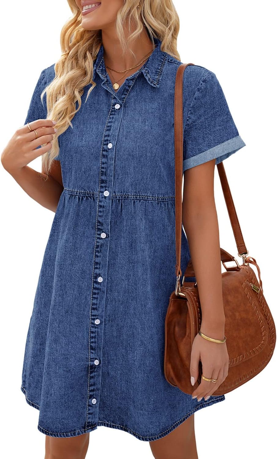 LookbookStore Denim Dress for Women Short Sleeve Flowy Babydoll Jean Dress | Trendy Womens Summer Dresses, Tiered Baby Doll Short Dress, Above Knee Length, Button Down, Daily Wear, Country Concert Dress
