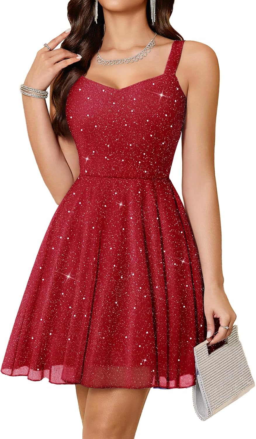 Meetjen Women's Short Cocktail Dress Sequin Formal Homecoming Dress | Sparkly Prom Dresses for Teens, Summer Mini Party Dress, A Line Sleeveless, V Neck, Fancy High Waist Wedding Guest 2026