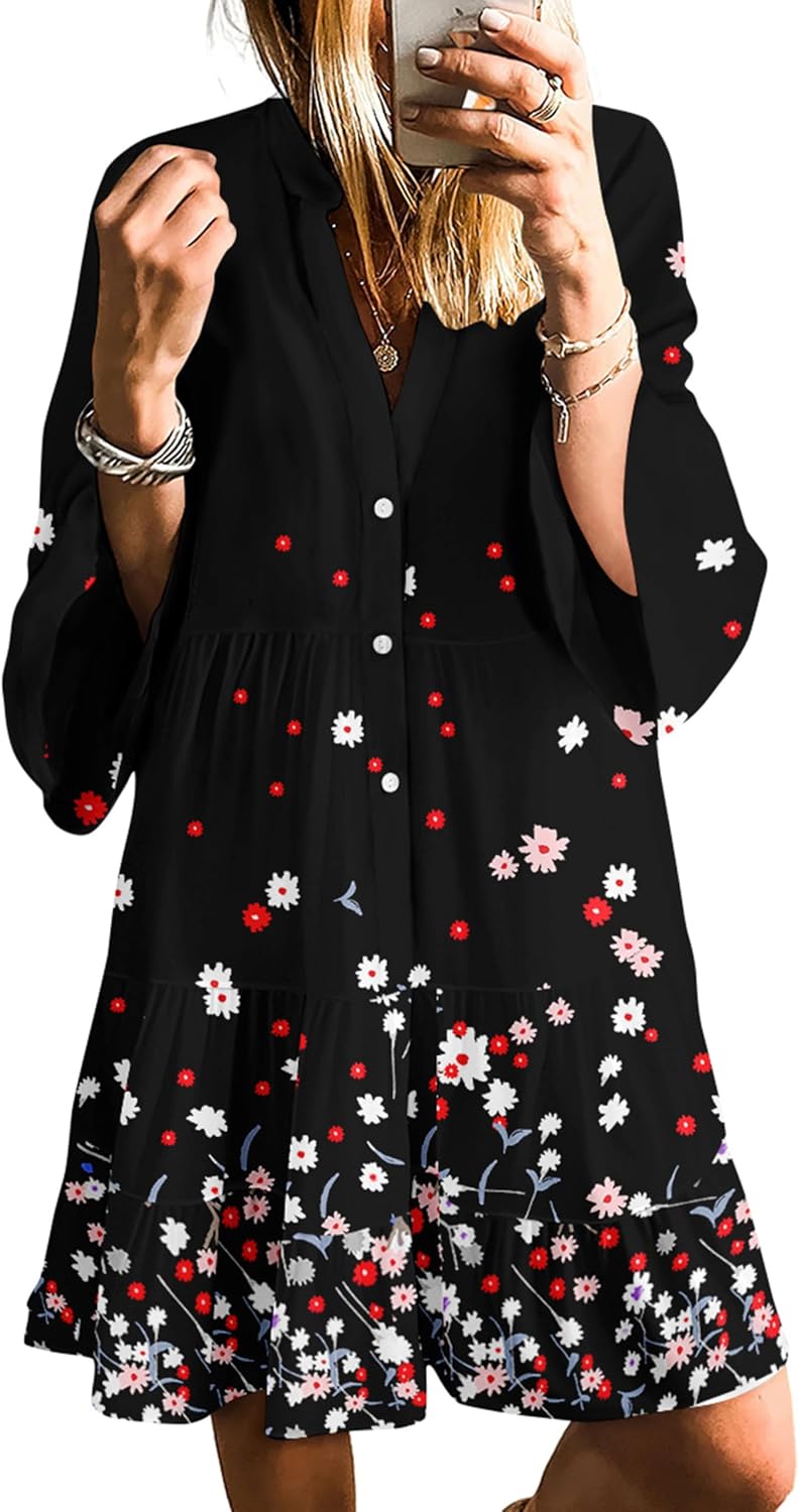 SELINK Womens Long Sleeve Dresses Casual V Neck Tribal Mini Beach Dress | flowy summer dress, front button, bell sleeve, boho, tiered, loose fit for vacation daily outfits