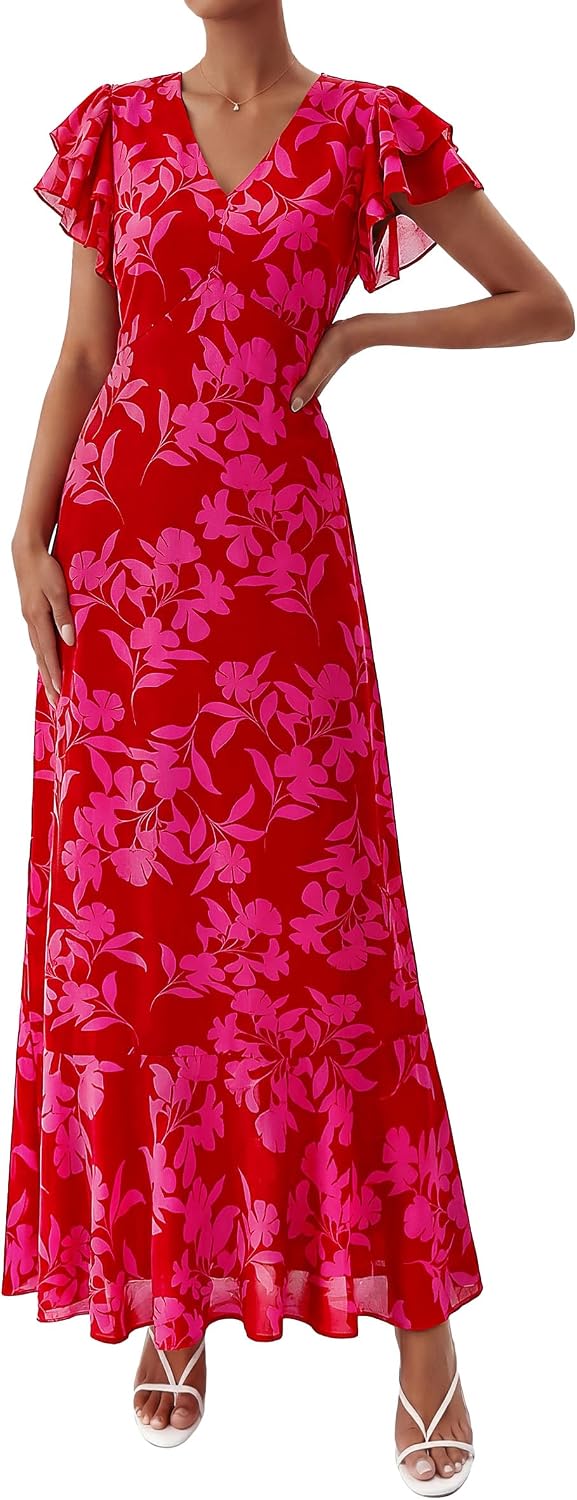 PRETTYGARDEN Womens Summer Boho Floral Maxi Dress | V Neck Ruffle Sleeve Tiered A-Line Sundress, Lightweight Flowy Long Dresses for Spring Wedding Guest, Cocktail Party, Cruise
