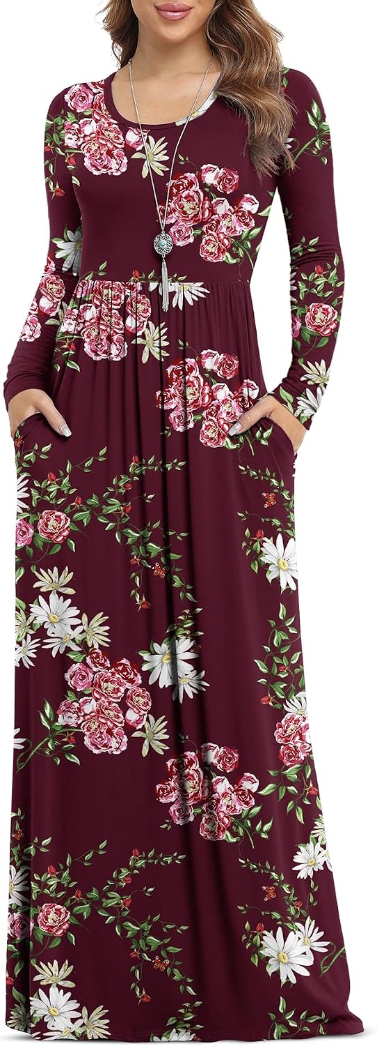 VIISHOW Women's Long Sleeve Casual Empire Waist Maxi Dress with Pockets | Soft stretch,Loose\u2011flowing dress,Full\u2011length cut,For church & daily occasions,Layer for cool Fall\u2011Winter,Casual to Formal