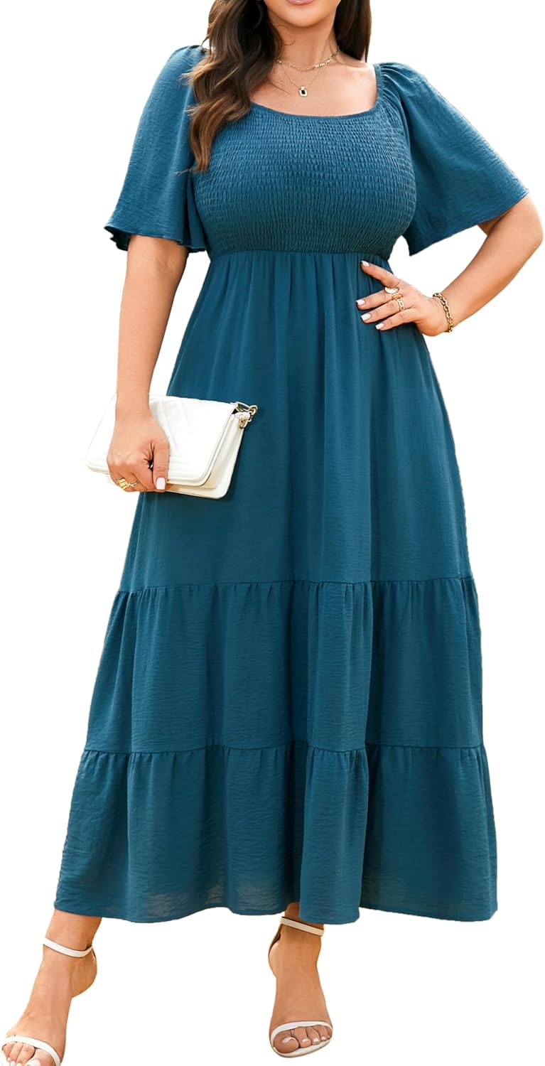 RWJ Women's Plus Size Summer Dresses Short Sleeve Smocked Boho Maxi Dress | Beach Dresses for Women 2026 Vacation, Bohemian Floral Square Neck Empire Waist, Wedding Guest Baby Shower Casual Sundress