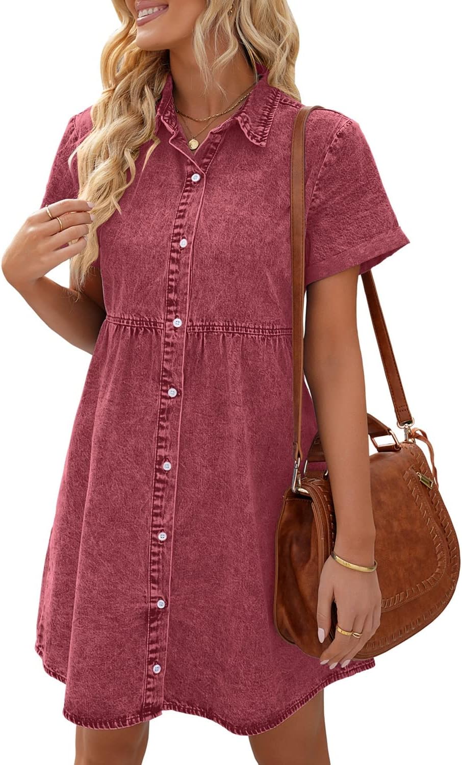 LookbookStore Denim Dress for Women Short Sleeve Flowy Babydoll Jean Dress | Trendy Womens Summer Dresses, Tiered Baby Doll Short Dress, Above Knee Length, Button Down, Daily Wear, Country Concert Dress