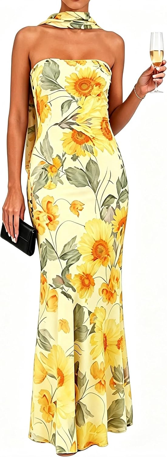 Women's Floral Strapless Tube Maxi Dress with Scarf, Bodycon Long Dress | 2-Layer: Mesh outer, stretchy lining\u2014no see-through, dress features non-slip strips. Suitable for spring and summer wear.