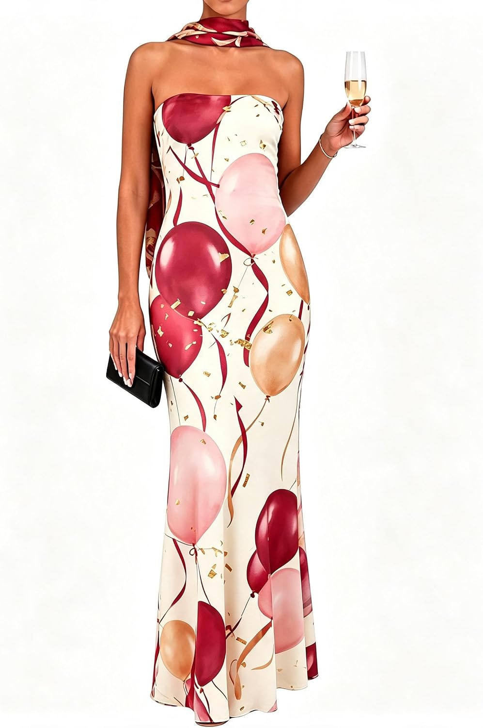 Women's Floral Strapless Tube Maxi Dress with Scarf, Bodycon Long Dress | 2-Layer: Mesh outer, stretchy lining\u2014no see-through, dress features non-slip strips. Suitable for spring and summer wear.