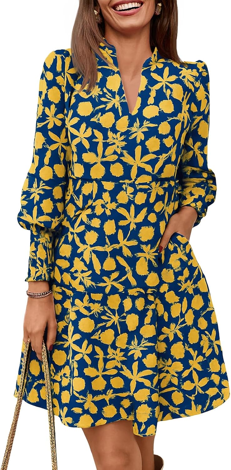 Imily Bela Womens Fall Long Sleeve Tunic Dress Casual V Neck Tiered Dress | Loose,Swing,A-Line,Ruffled Collar,Puff Balloon Sleeve,Smocked Elastic Cuffs,Tiered Layered Ruffle Hem,Babydoll,Loose,Mini