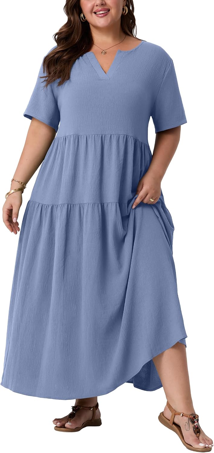 OLRIK Plus Size Maxi Dresses for Curvy Women - Flowy Boho Summer Dress with Pockets, V-Neck Short Sleeve for Beach Vacation