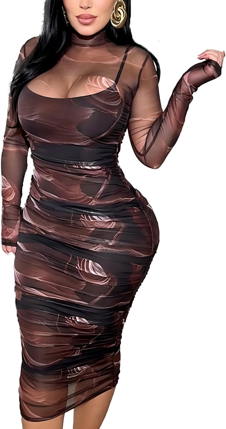 MOEENCN Women's Sexy Long Sleeve Sheer Mesh Midi Bodycon Dress 2 Piece Set | Sheer Printed Mesh Overlay, Adjustable Spaghetti\u2011Strap Slip Liner, Crew Neck, Date Night Birthday Going Out Clubwear