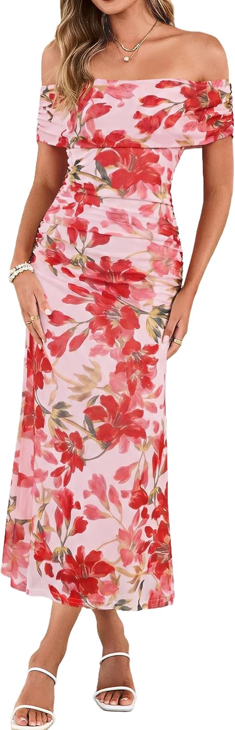 Simplee Womens Off Shoulder Maxi Dress Summer Floral Wedding Guest Dresses | Mesh Ruched Bodycon, Semi Formal Dress 2026, Strapless Spring Pastel Elegant, Cocktail Party Prom, Bridal Shower, Beach