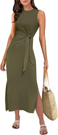 ANRABESS Women's Sleeveless T-Shirt Midi Tank Dress | Summer Casual, Slim Fit, Tie Waist Split Trendy Long Dresses, 2026 Travel Vacation Beach Sundress, Soft Comfy