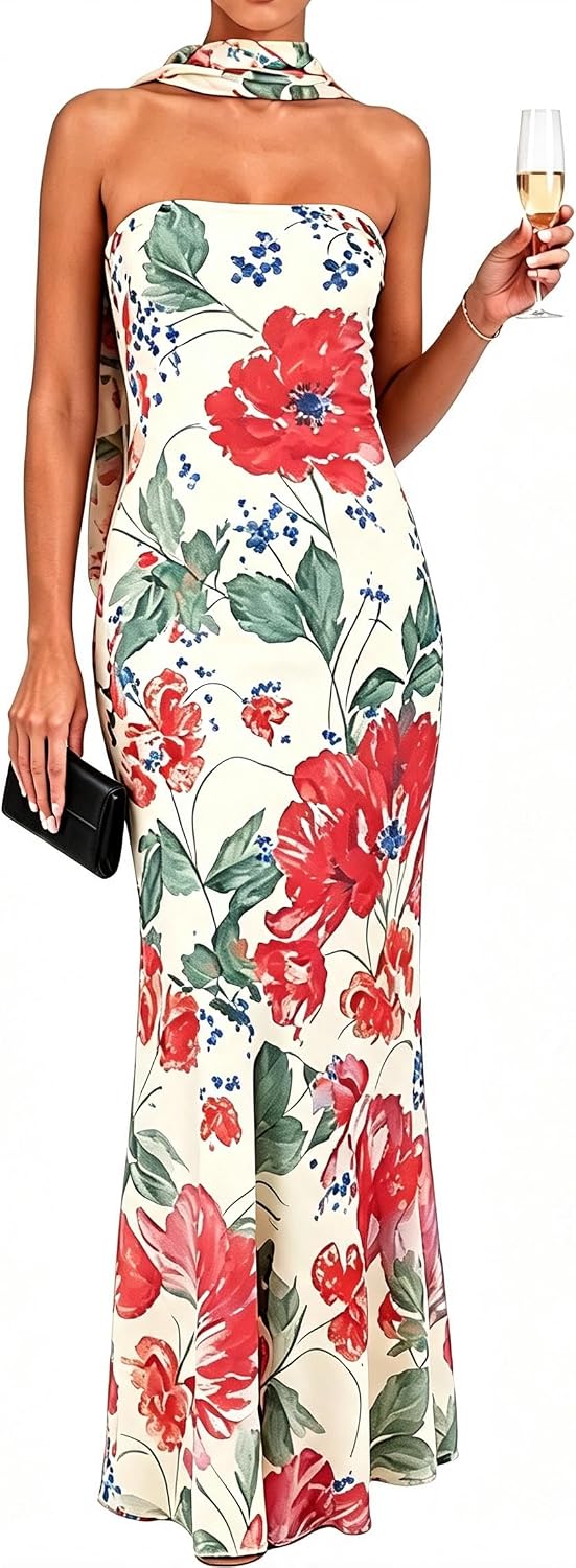 Women's Floral Strapless Tube Maxi Dress with Scarf, Bodycon Long Dress | 2-Layer: Mesh outer, stretchy lining\u2014no see-through, dress features non-slip strips. Suitable for spring and summer wear.
