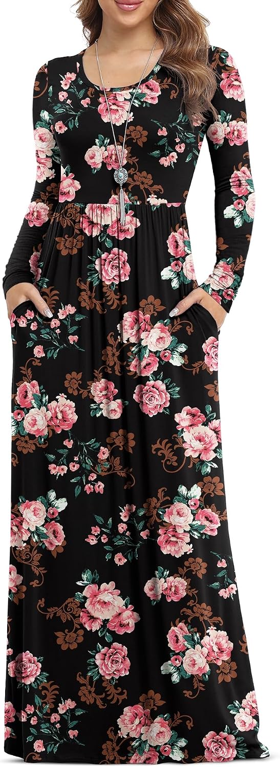 VIISHOW Women's Long Sleeve Casual Empire Waist Maxi Dress with Pockets | Soft stretch,Loose\u2011flowing dress,Full\u2011length cut,For church & daily occasions,Layer for cool Fall\u2011Winter,Casual to Formal