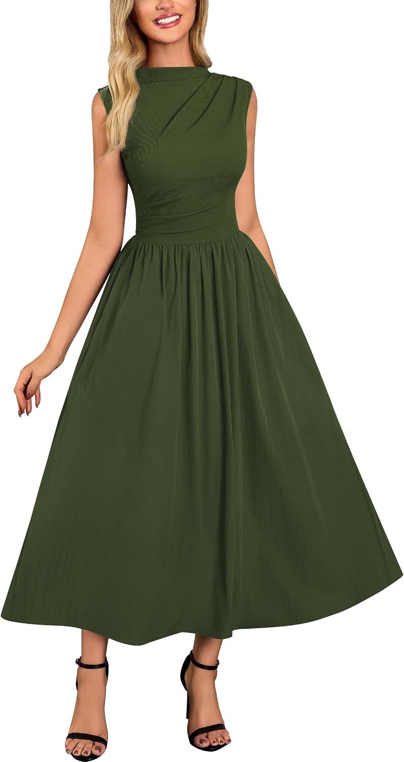 Miusol Women's Retro Half Collar Sleeveless with Pocket Casual Swing Dress | Sleevelss, Slim Cutting, Under Knee Length, For Outdoor