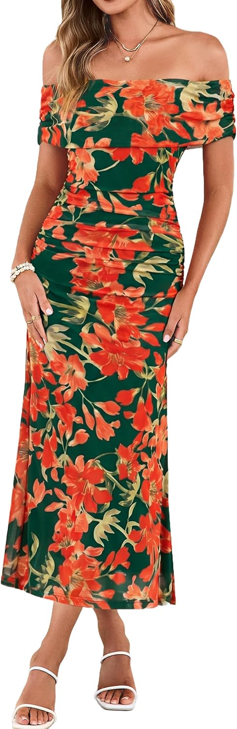 Simplee Womens Off Shoulder Maxi Dress Summer Floral Wedding Guest Dresses | Mesh Ruched Bodycon, Semi Formal Dress 2026, Strapless Spring Pastel Elegant, Cocktail Party Prom, Bridal Shower, Beach