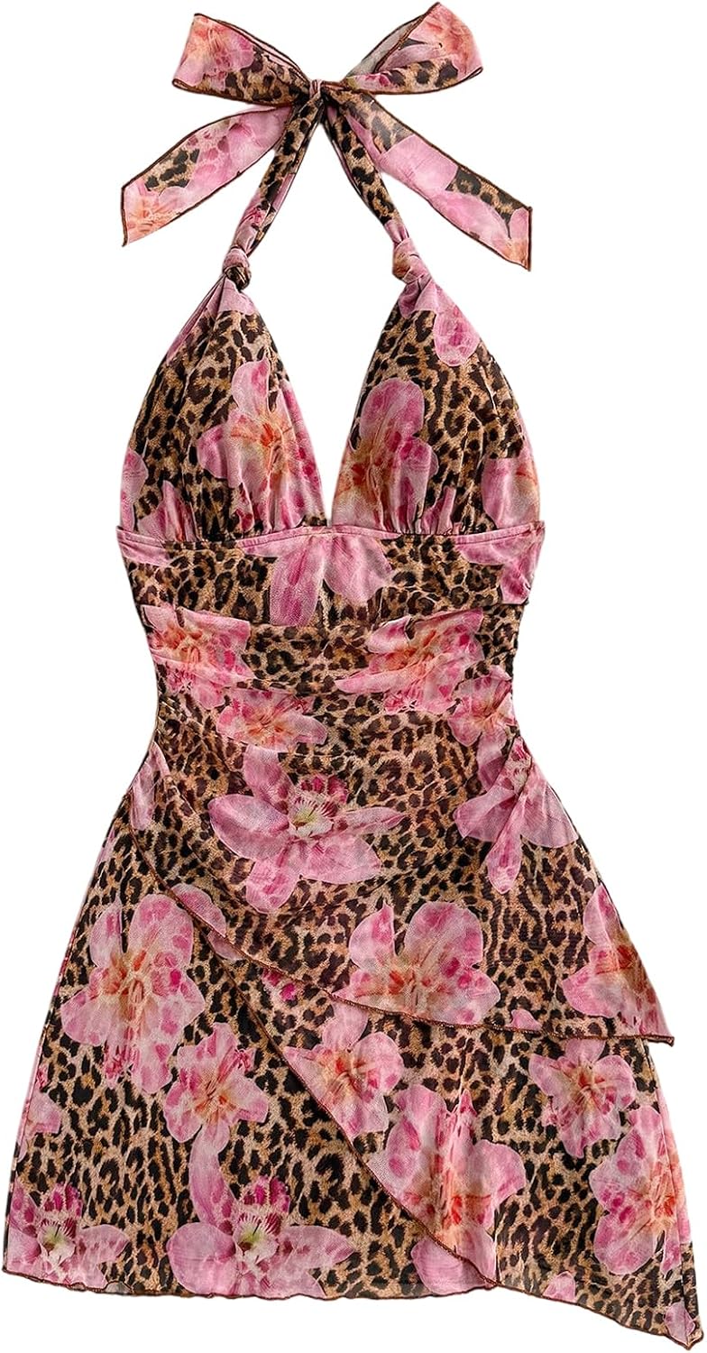 SOLY HUX Women's Y2K Summer Beach Halter Mini Dress | Retro Floral Dress, V Neck, Backless, Club Nightout, Sexy Going Out Clothes, Birthday Dress