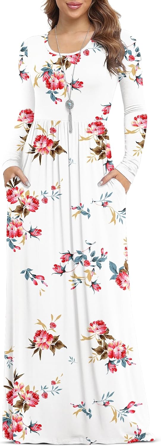 VIISHOW Women's Long Sleeve Casual Empire Waist Maxi Dress with Pockets | Soft stretch,Loose\u2011flowing dress,Full\u2011length cut,For church & daily occasions,Layer for cool Fall\u2011Winter,Casual to Formal