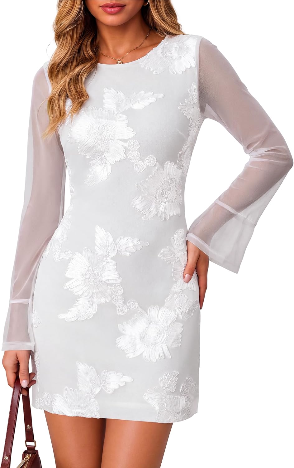 Simplee Womens Mini Fall Wedding Guest Dresses Mesh Bodycon Floral Dress | Crew Neck, Flare Long Sleeve, Semi Formal Cocktail Party Dress 2026, Short Baby Bridal Shower, Winter Evening Gowns Outfits