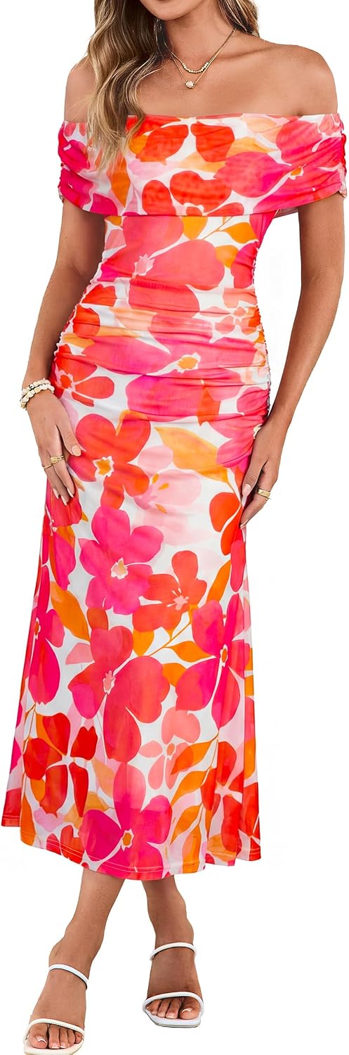 Simplee Womens Off Shoulder Maxi Dress Summer Floral Wedding Guest Dresses | Mesh Ruched Bodycon, Semi Formal Dress 2026, Strapless Spring Pastel Elegant, Cocktail Party Prom, Bridal Shower, Beach