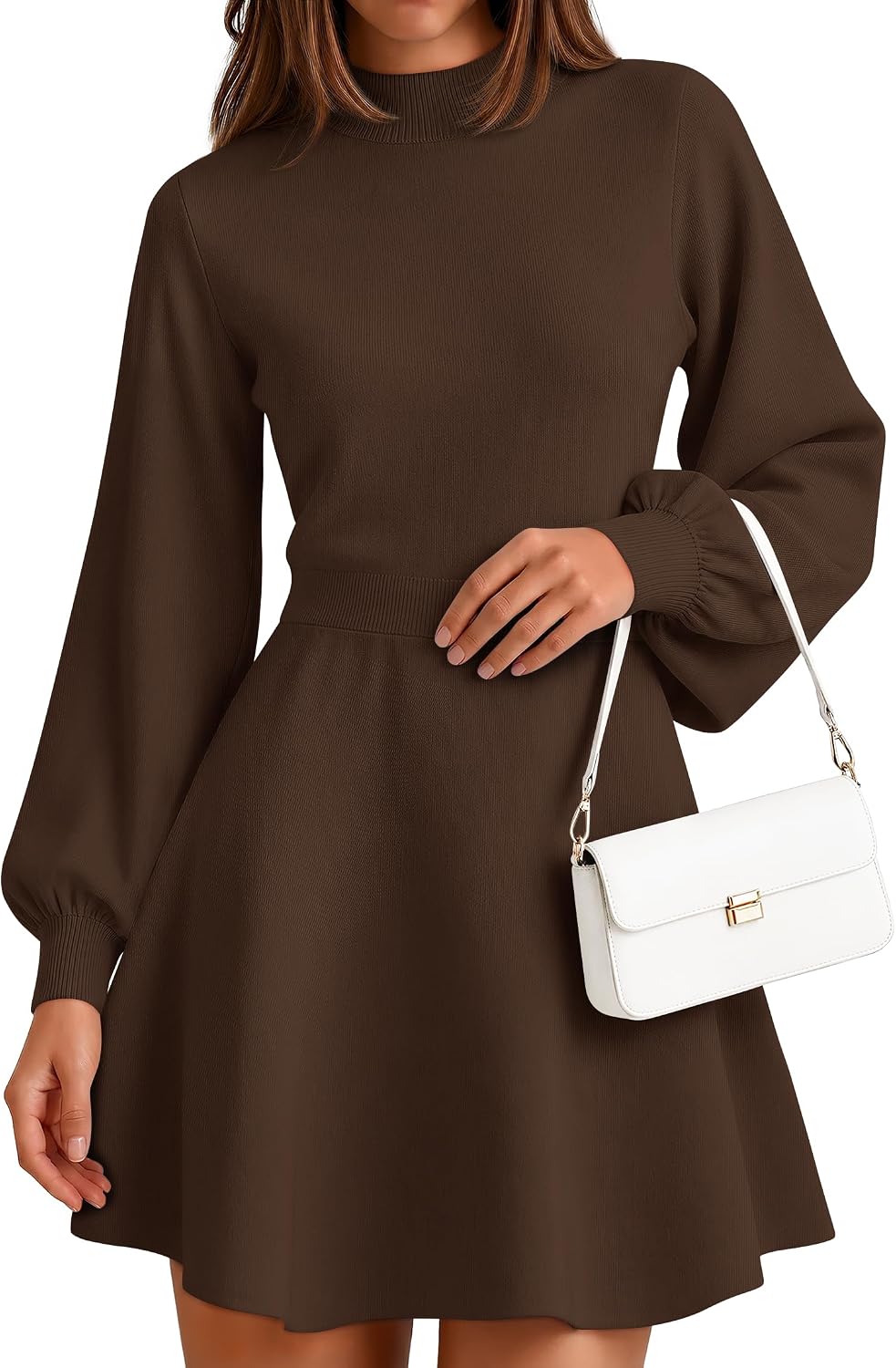 ZESICA Womens Fall Mock Neck Long Lantern Sleeve Sweater Mini Dress | High Waist A Line, Swing Short Dresses, Soft Ribbed Knit, 2026 Winter Elegant Cocktail Party Formal Wedding Guest Dress
