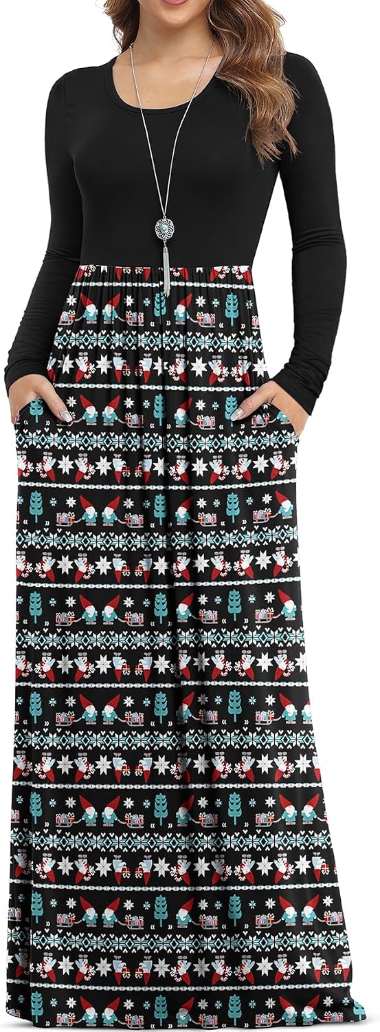 VIISHOW Women's Long Sleeve Casual Empire Waist Maxi Dress with Pockets | Soft stretch,Loose\u2011flowing dress,Full\u2011length cut,For church & daily occasions,Layer for cool Fall\u2011Winter,Casual to Formal