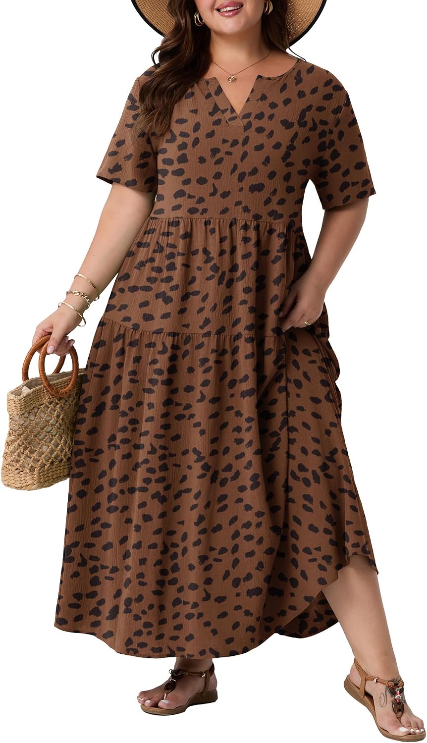 OLRIK Plus Size Maxi Dresses for Curvy Women - Flowy Boho Summer Dress with Pockets, V-Neck Short Sleeve for Beach Vacation
