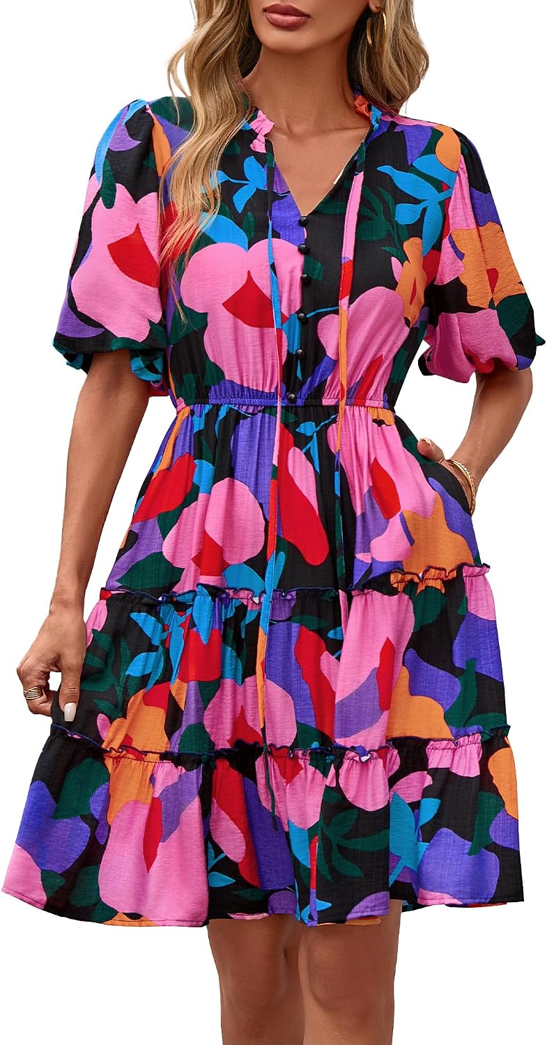 BTFBM Women Summer Floral Short Dresses V Neck Short Sleeve Tiered Ruffle Boho Swing Dress A-Line Mini Dresses