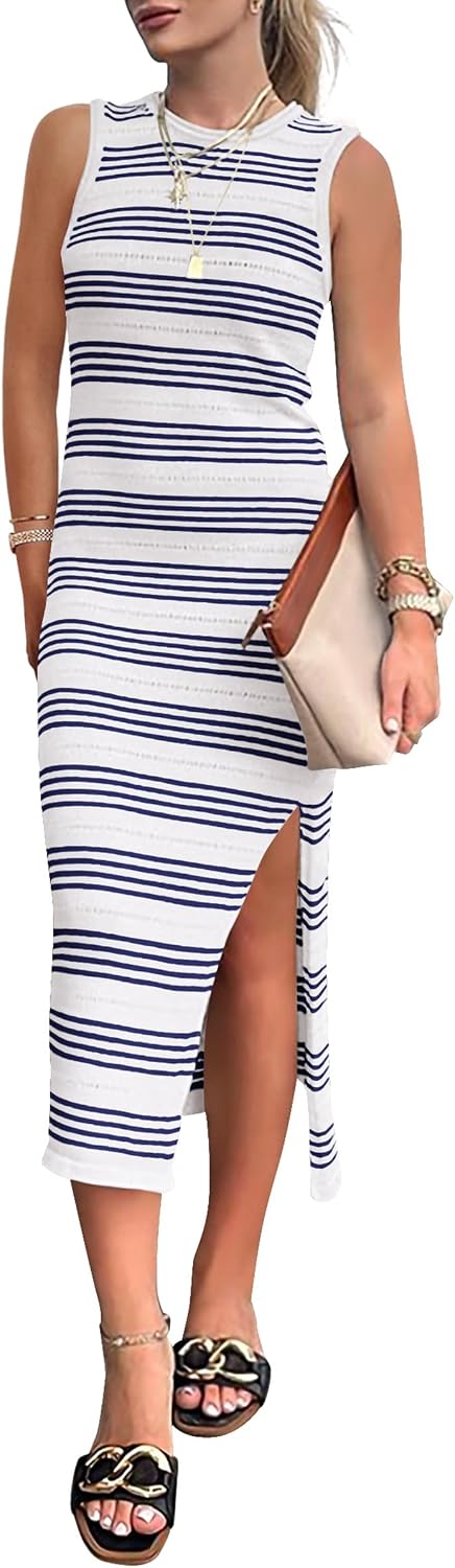 PRETTYGARDEN Women's Summer Sleeveless Striped Midi Dresses | Soft Stretchy Hollow Out Knit, Slim Fit Side Slit, Crewneck Tank Sundress Casual, Beach Vacation Outfits, Date Party Dress